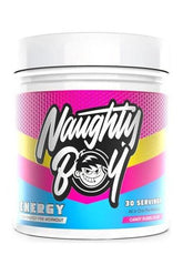 Naughty Boy ENERGY pre-workout supplement canister with vibrant label and candy bubblegum flavor, 30 servings.